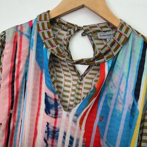 Anthropologie Conditions Apply Women’s Multi Viscose Neck Tie Semi Sheer Blouse - Picture 10 of 15